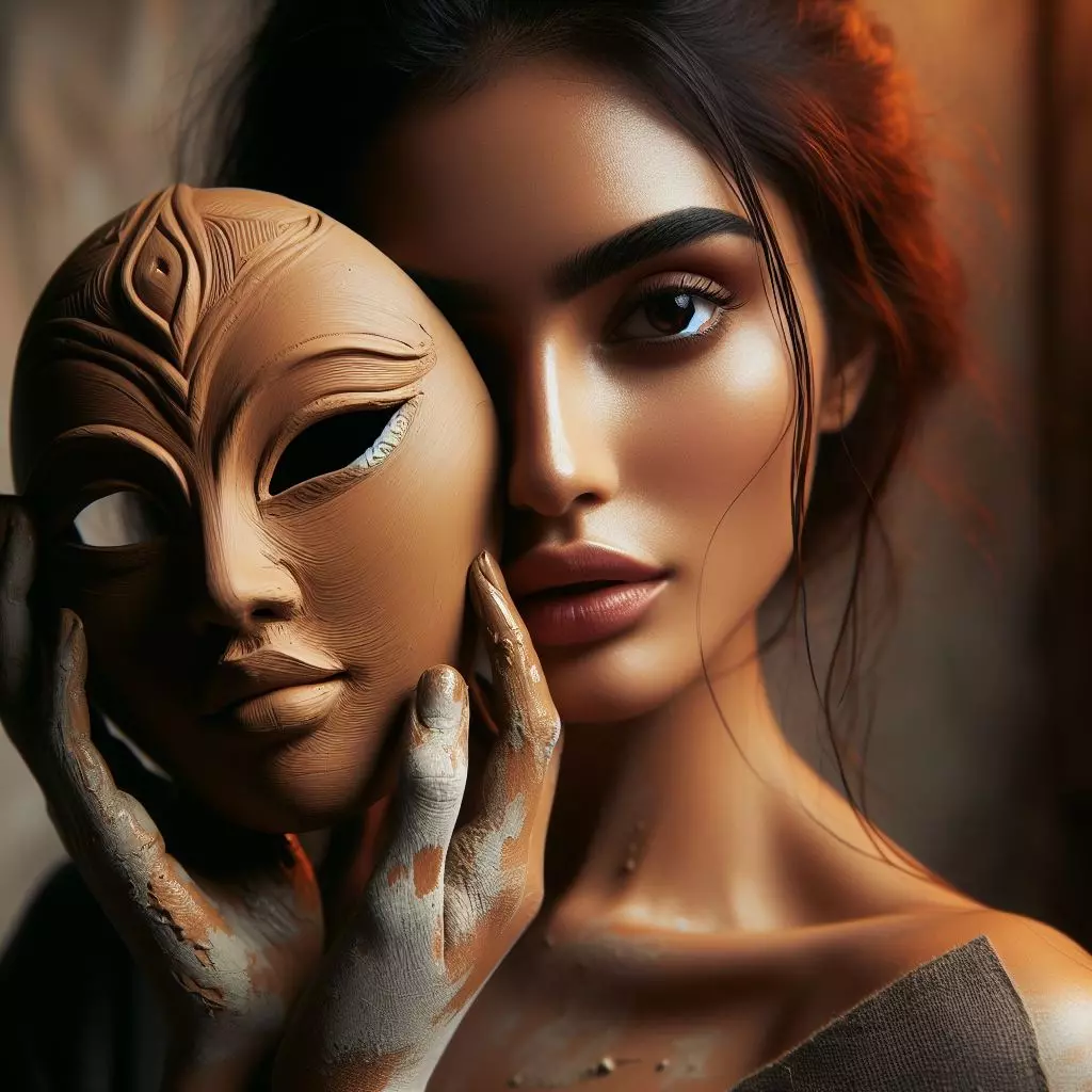 Mujer sosteniendo una mascara de arcilla